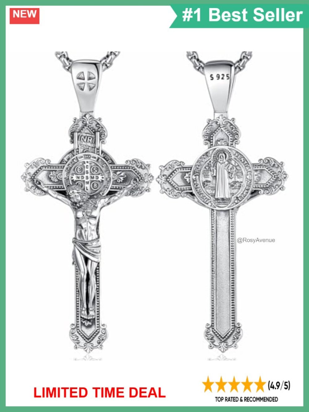 Sterling Silver St Benedict Crucifix Necklace 24" Box Chain Religious Gift